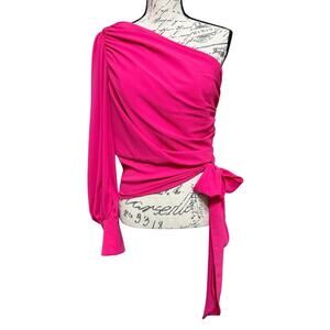 Amanda Uprichard BEXLEY One Shoulder Blouse Size L Lacquer Pink Long Sleeve Tie